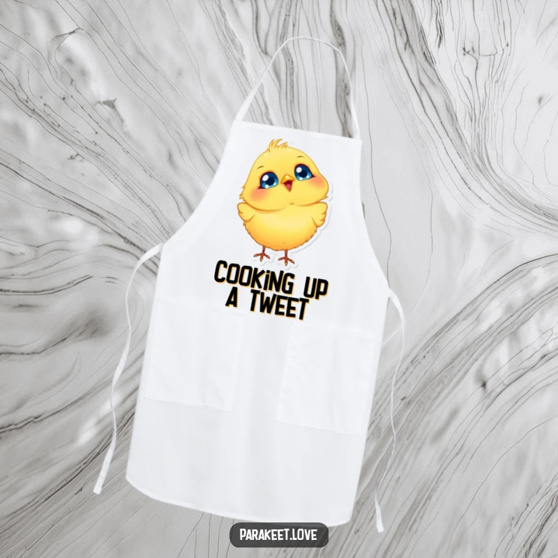 Funny Bird Apron featuring a fluffy yellow bird with big blue eyes, joyfully bobbing its head, perfect for cheerful cooking and kitchen humor.