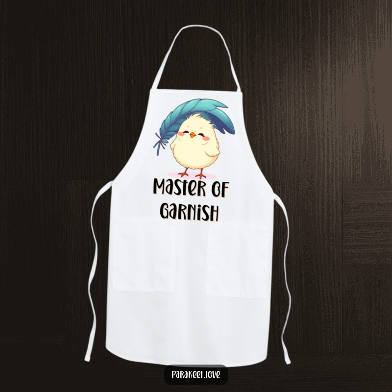 Funny apron depicting a fluffy, round bird character playfully balancing a large, colorful feather on its beak. Kitchen fun and protection.