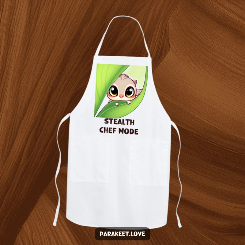 Funny apron depicting a small, curious winged creature peeking from behind a green leaf. Ideal for kitchen fun and protection.