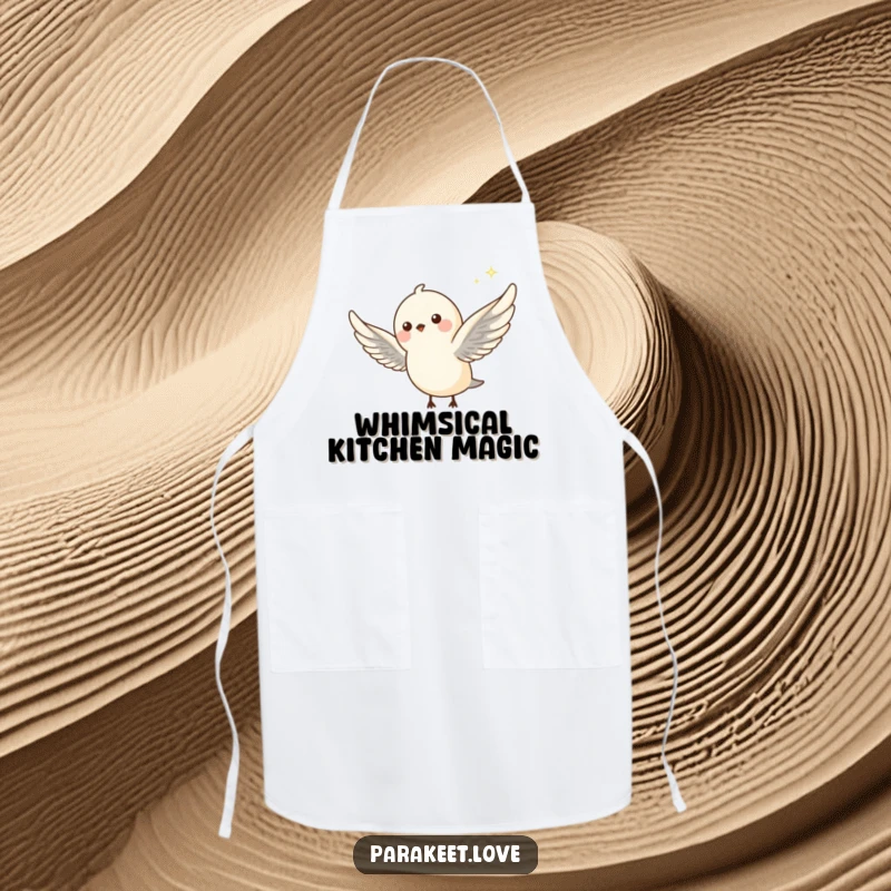 Funny apron depicting a petite avian creature in mid-flight, wings outstretched, trailing a whimsical sparkle. Magical kitchen wear.