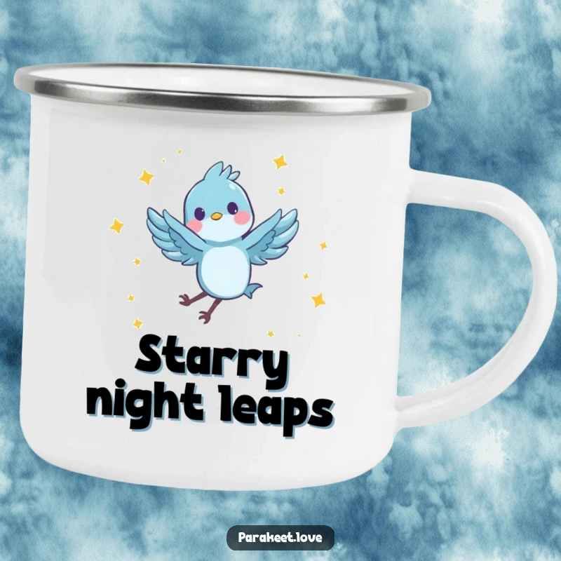 Funny camping mug with a tiny, blue feathered character joyfully performing a spinning leap in the air, surrounded by tiny stars. Durable and humorous.