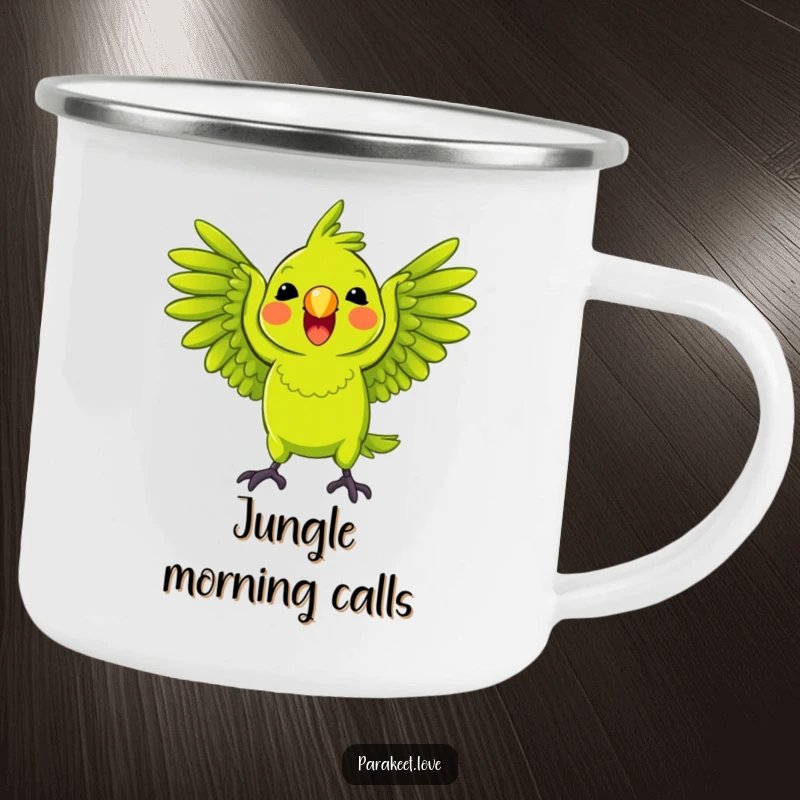 Funny Parrot Camping Mug featuring a bright green parrot playfully squawking with wings spread wide, durable and humorous for adventures.
