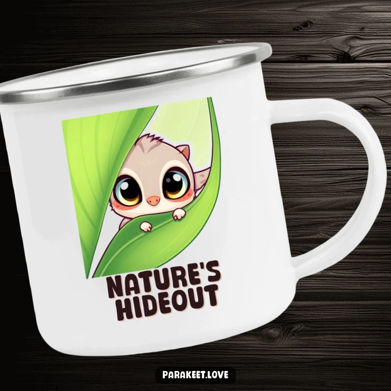 Funny camping mug with a curious winged creature peeking from behind a leaf. Durable and humorous for outdoor adventures.