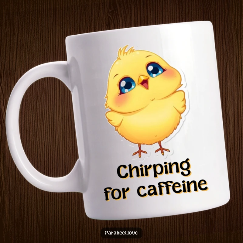 Funny Bird Mug featuring a fluffy yellow bird with big blue eyes, joyfully bobbing its head, embodying cheerful happiness and charm.