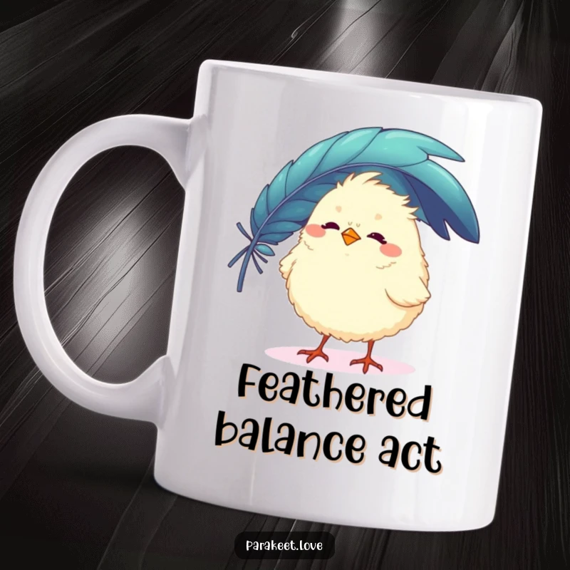 Funny mug showing a fluffy, round bird character attempting to balance a large, colorful feather on its beak. Adorable and humorous scene.