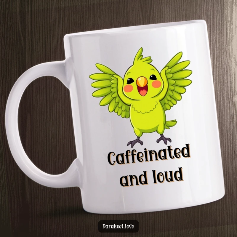 Funny Parrot Mug featuring a bright green parrot playfully squawking with wings spread wide, embodying lively humor and character.