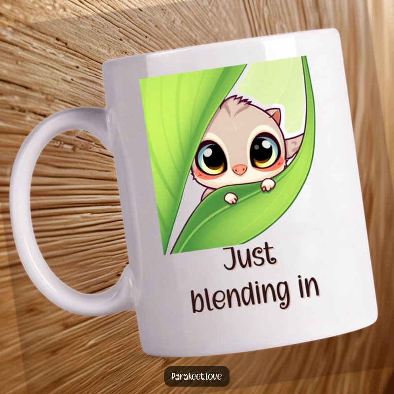 Funny mug with a curious, wide-eyed winged creature peeking from behind a lush green leaf, full of playful wonder and charm.