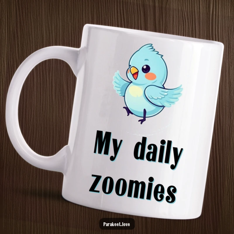 Funny blue parakeet mug capturing a tiny bird spinning uncontrollably in a circle, full of cheerful motion and comedic energy.