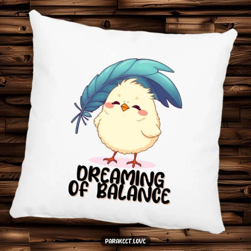 Funny pillow featuring a fluffy, round bird character playfully trying to balance a large, colorful feather on its beak. Soft and humorous decor.