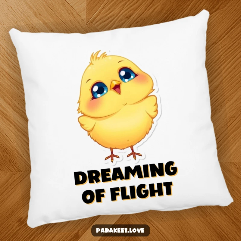 Funny Bird Pillow with a fluffy yellow bird with big blue eyes, joyfully bobbing its head, offering cozy comfort and cheerful humor.