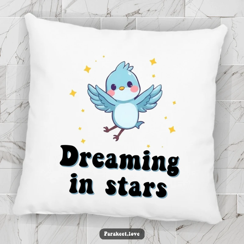Funny pillow featuring a tiny, blue feathered character joyfully performing a spinning leap in the air, surrounded by tiny stars. Soft and humorous decor.