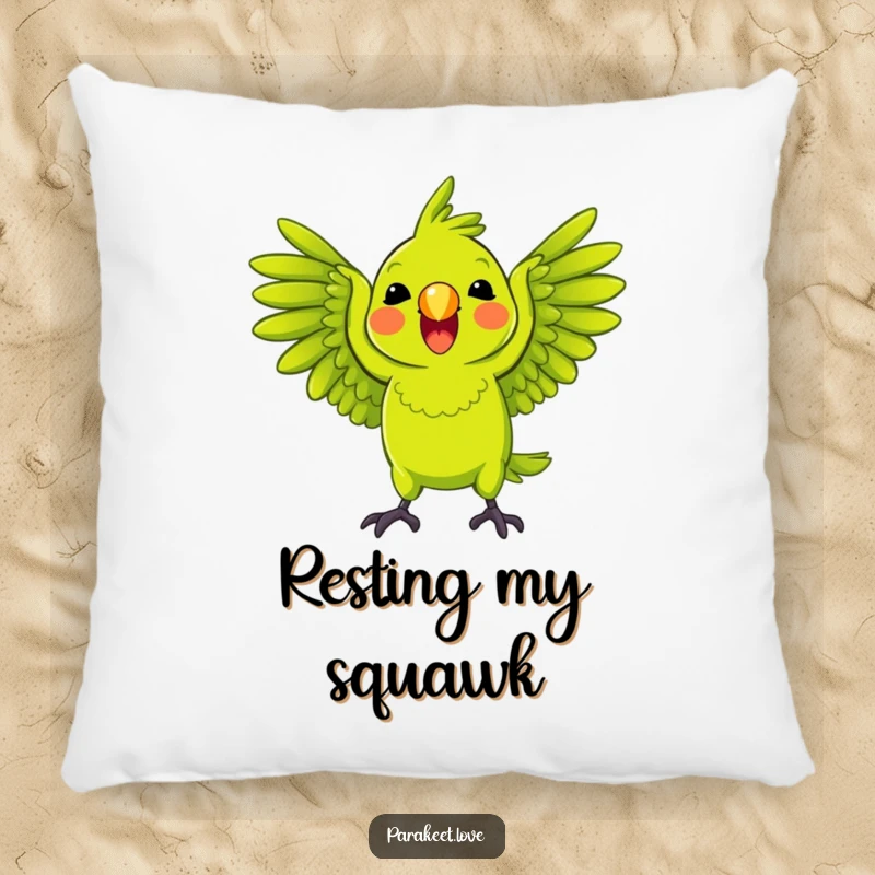 Funny Parrot Pillow with a bright green parrot playfully squawking with wings spread wide, offering cozy comfort and lively humor.