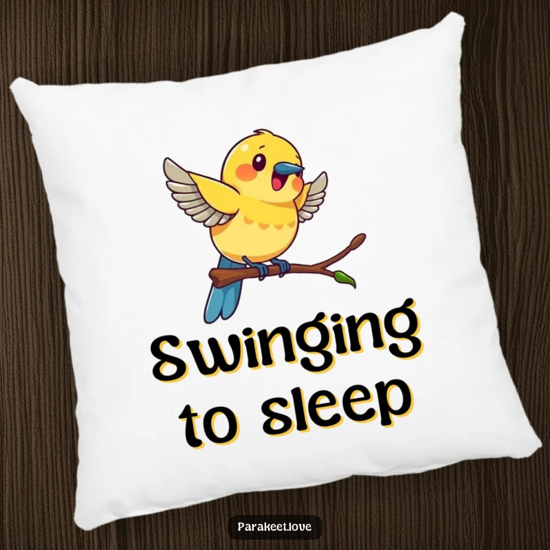 Funny colorful bird pillow featuring a bird swinging joyfully on a miniature perch, adding a touch of lively humor.