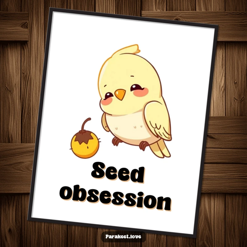 Funny budgie digital art print showcasing a cheerful bird pecking intently at a seed with utmost focus and joy.