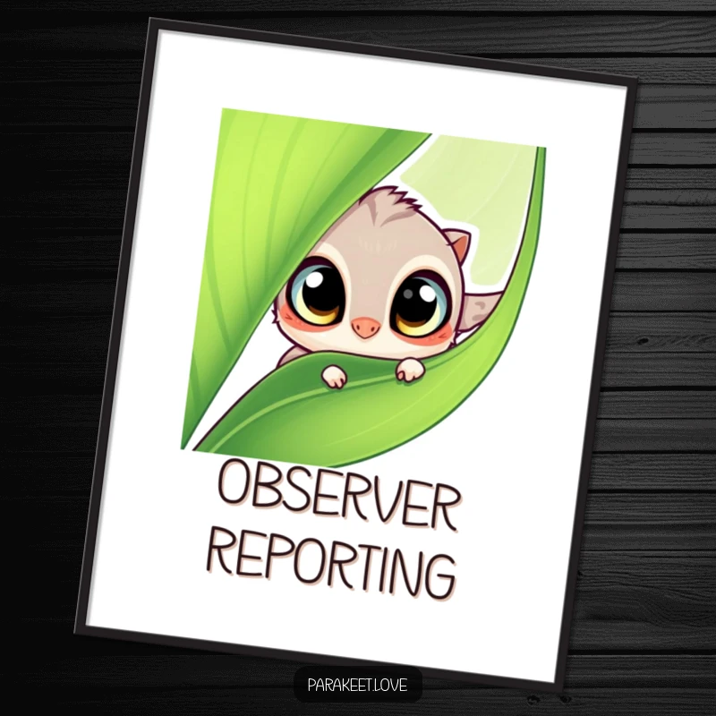 Funny digital art print of a small, wide-eyed winged creature peeking from behind a vibrant green leaf. Instant cute and humorous decor.