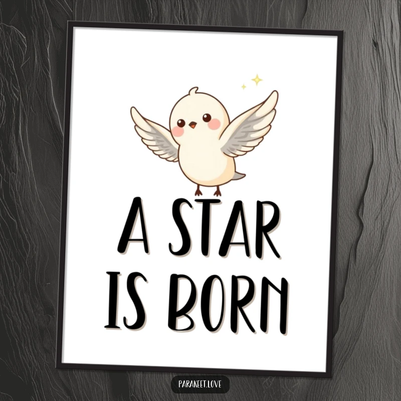 Funny digital art print of a petite avian creature mid-flight, wings outstretched, trailing a whimsical sparkle. Instant magical decor.