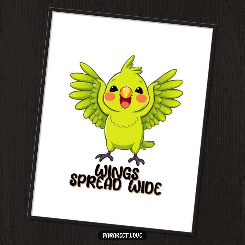 Funny Parrot Digital Art Print of a bright green parrot playfully squawking with wings spread wide, ideal for lively and humorous home decor.
