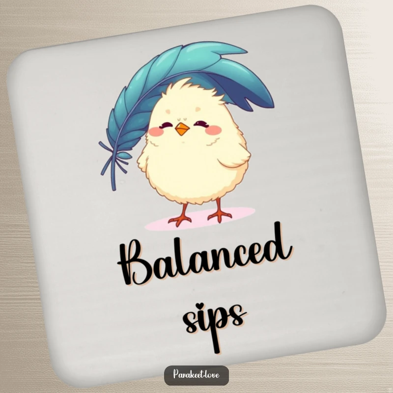 Funny drink coaster featuring a fluffy, round bird character playfully balancing a large, colorful feather on its beak. Protects surfaces with humor.