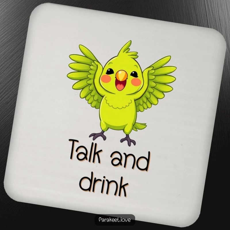 Funny Parrot Coasters featuring a bright green parrot playfully squawking with wings spread wide, protecting surfaces with lively humor.