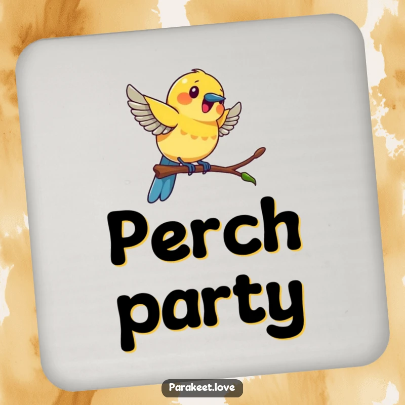 Funny colorful bird drink coaster set depicting a bird swinging joyfully on a miniature perch, adding a touch of animated humor.