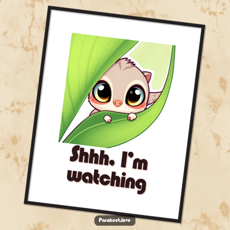 Funny poster art of a small, wide-eyed winged creature curiously peeking from behind a lush green leaf. Charming and humorous wall decor.
