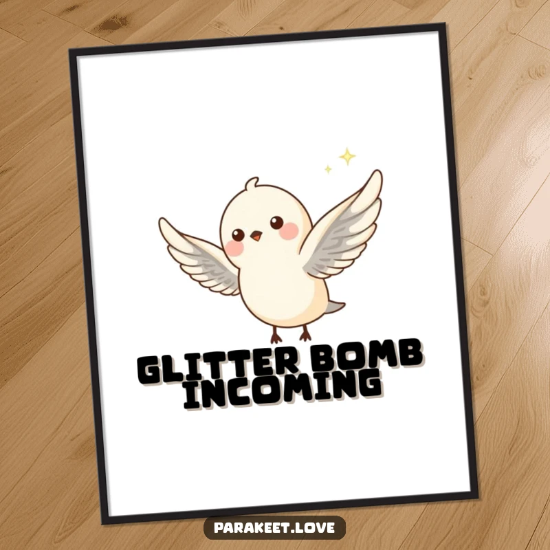 Funny poster art of a petite avian creature mid-flight, tiny wings outstretched, leaving a whimsical sparkle trail. Magical wall decor.