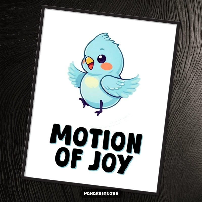 Funny blue parakeet poster print displaying a tiny bird in a dynamic spinning blur, a captivating piece of humorous motion art.