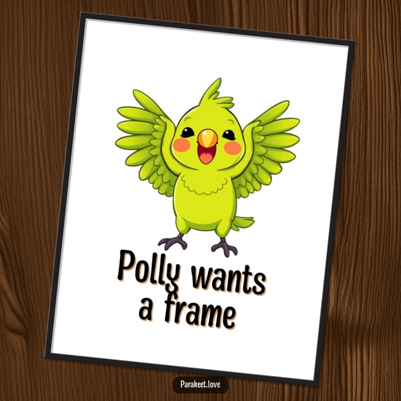 Funny Parrot Poster featuring a bright green parrot playfully squawking with wings spread wide, bringing lively humor to any room.