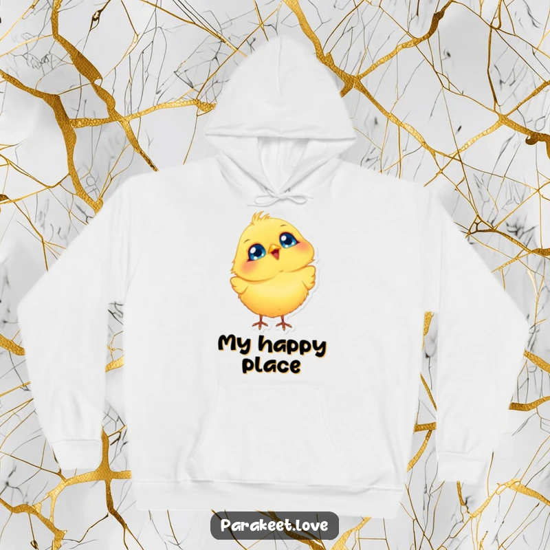 Funny Bird Hoodie featuring a fluffy yellow bird with big blue eyes, joyfully bobbing its head, offering cozy comfort and cheerful humor.