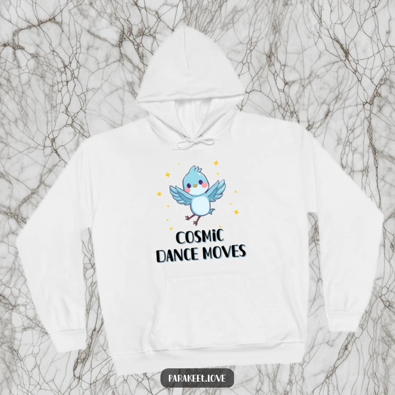 Funny hoodie with a tiny, blue feathered character joyfully spinning and leaping in the air, surrounded by twinkling stars. Cozy and whimsical.