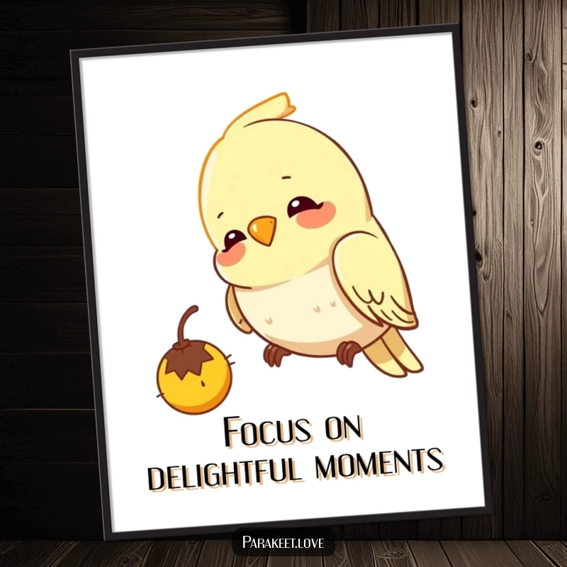 Funny Free Printable Wall Art: A cheerful budgie intensely pecking at an imaginary seed, creating a humorous and focused decor piece.