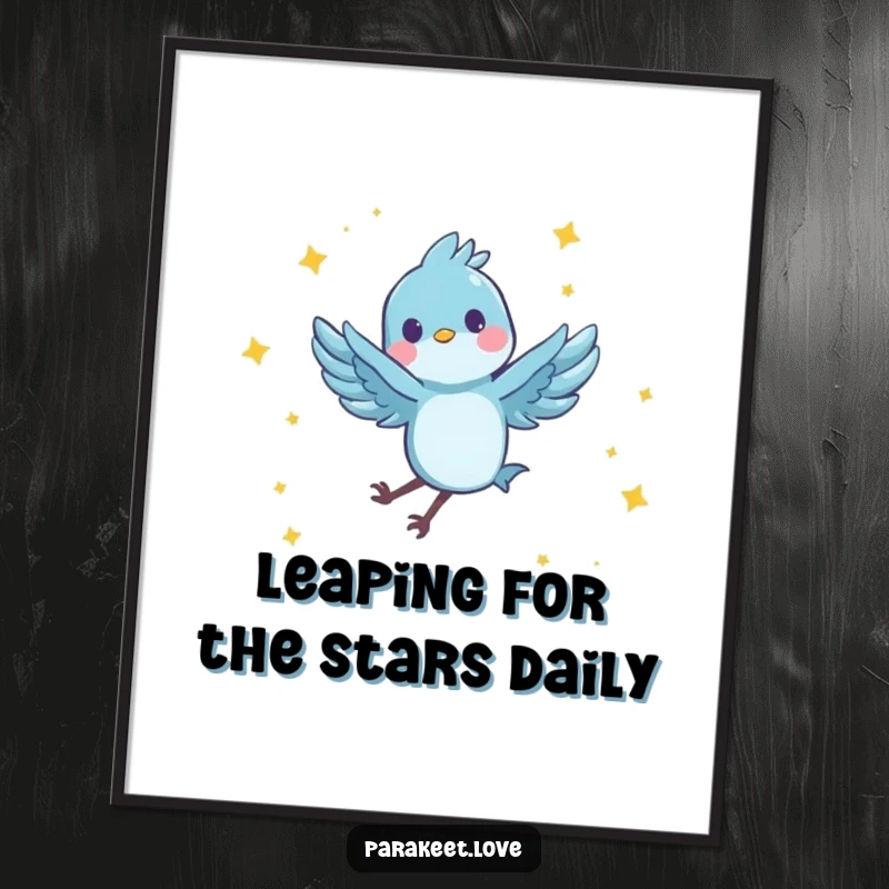 Funny Free Printable Wall Art featuring a tiny blue bird joyfully spinning and leaping among stars, whimsical downloadable decor.