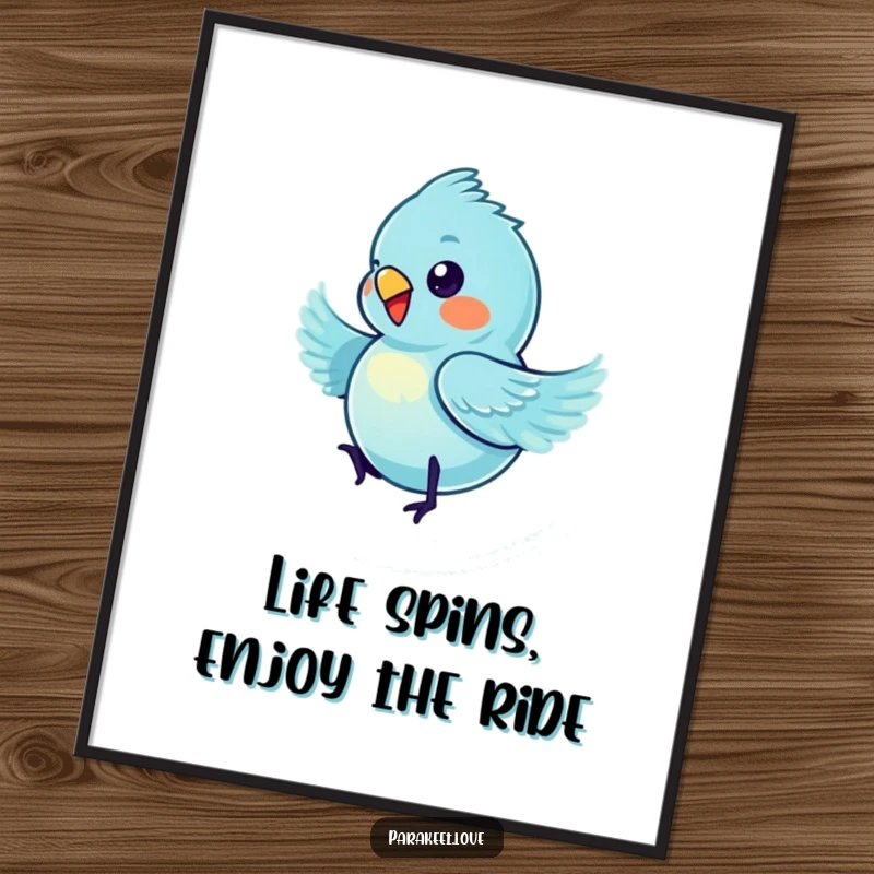 Funny Free Printable Wall Art: A tiny blue parakeet captured in a joyful, dizzying spin, adding quirky charm to decor.