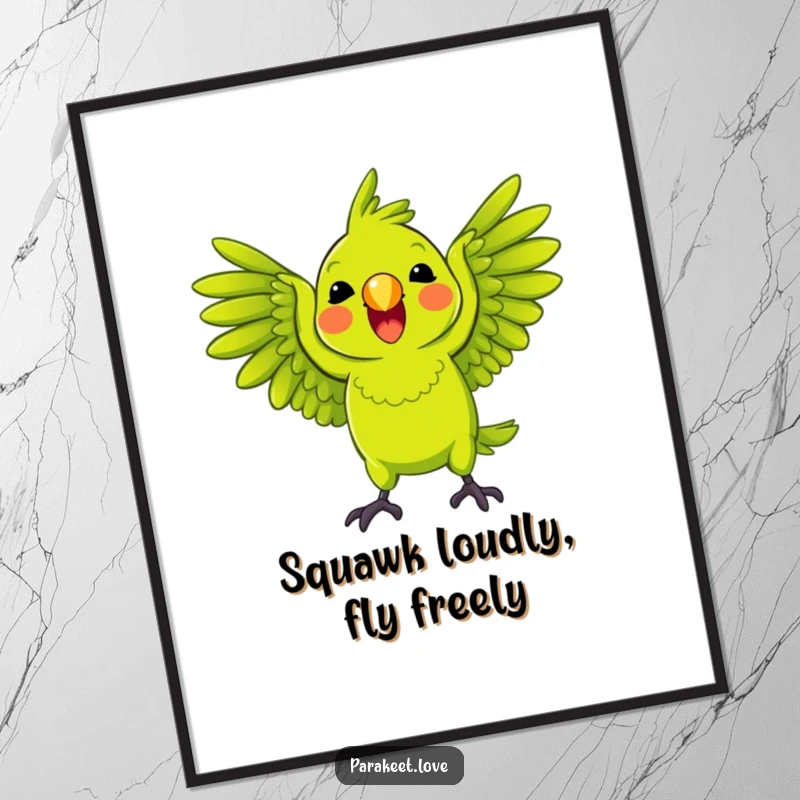 Funny free printable wall art of a bright green parrot playfully squawking with its wings spread wide.