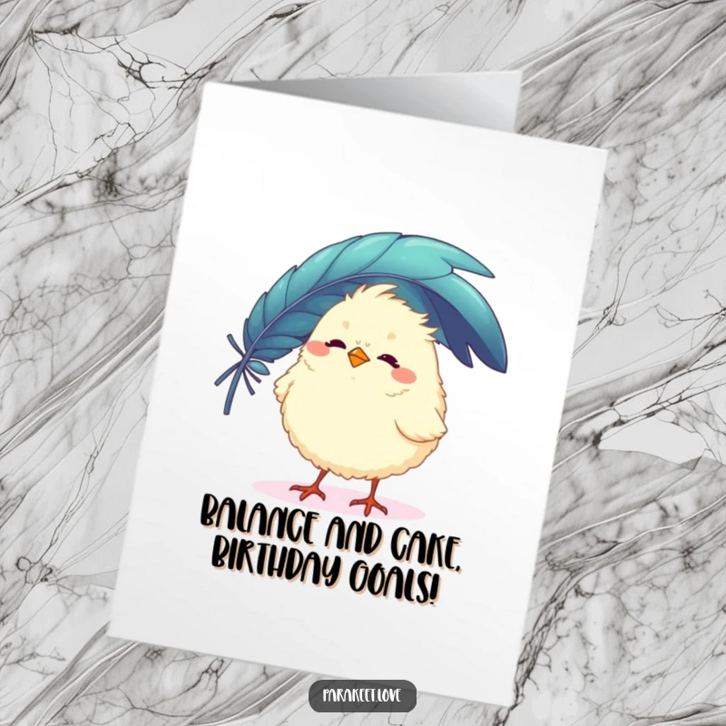 Funny Free Printable Birthday Card featuring a fluffy bird trying to balance a colorful feather on its beak, a fun DIY gift.