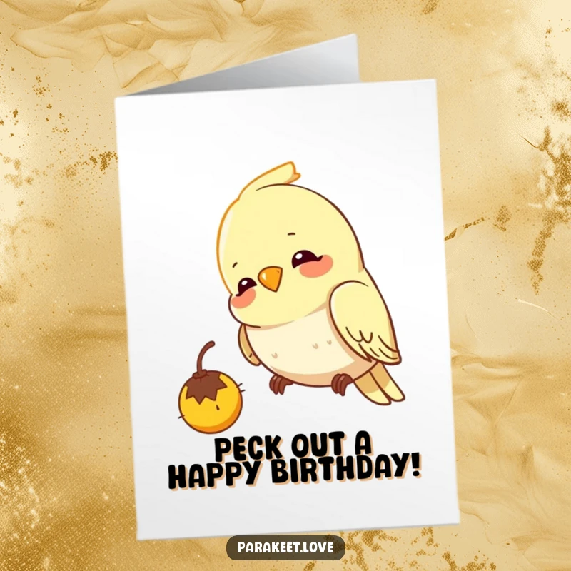 Funny Free Printable Birthday Card: A cheerful budgie intensely pecking at an imaginary seed with pure delight and focus.