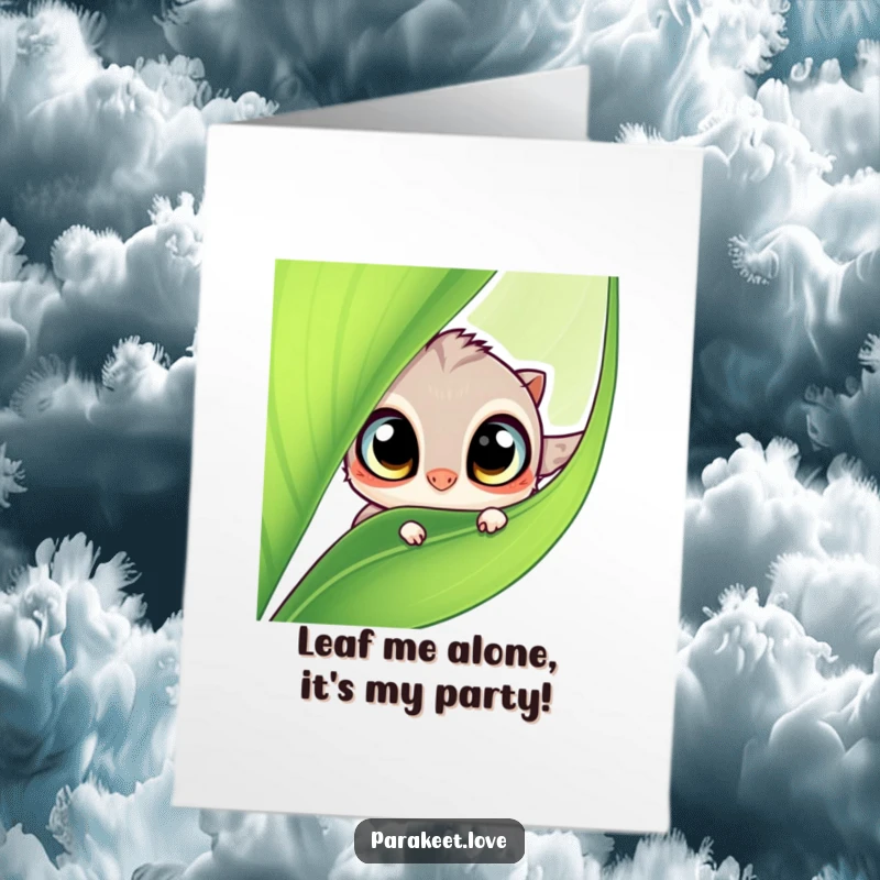 Funny Free Printable Birthday Card featuring a curious creature peeking from a leaf, perfect for a fun DIY gift.