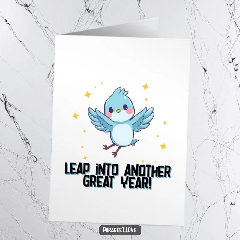 Funny Free Printable Birthday Card of a tiny blue bird joyfully spinning and leaping among stars, a fun DIY gift.