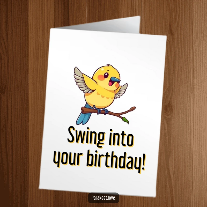 Funny Free Printable Birthday Card: A colorful bird swinging with wild excitement on a tiny perch, full of energetic joy.