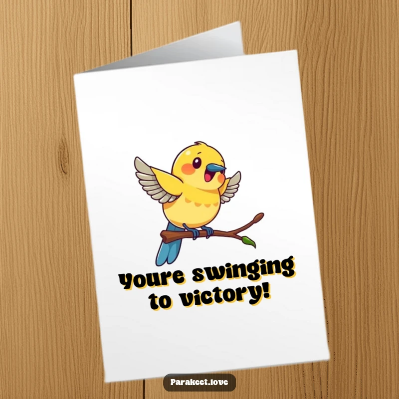 Funny Free Printable Congratulations Card: A colorful bird swinging with unrestrained excitement, celebrating achievements with pure glee.