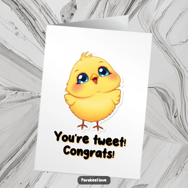 Funny free printable congratulations card showing a yellow bird with blue eyes bobbing its head joyfully.