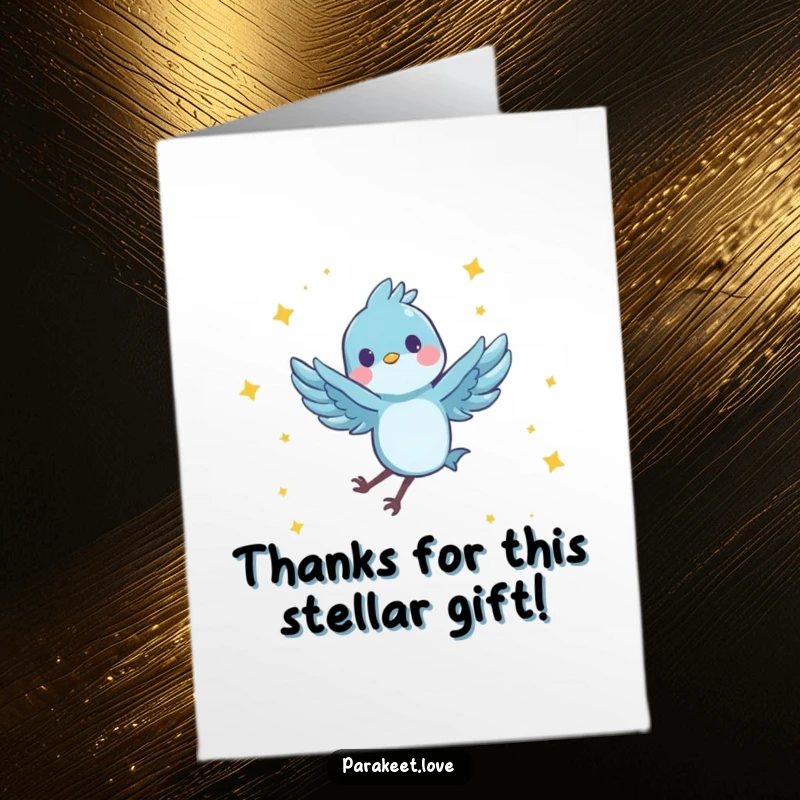 Funny Free Printable Thank You Card with a tiny blue bird joyfully spinning and leaping among stars, great for a DIY thank you gift.
