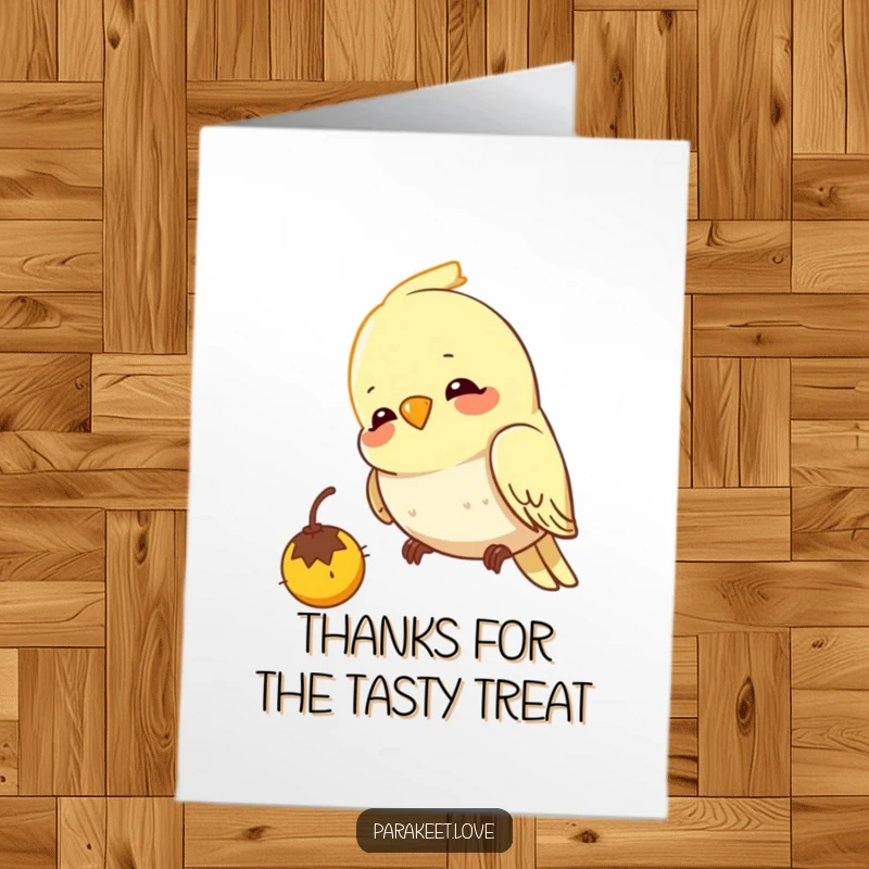 Funny Free Printable Thank You Card: A cheerful budgie with laser focus pecking at an imaginary seed, expressing thanks humorously.