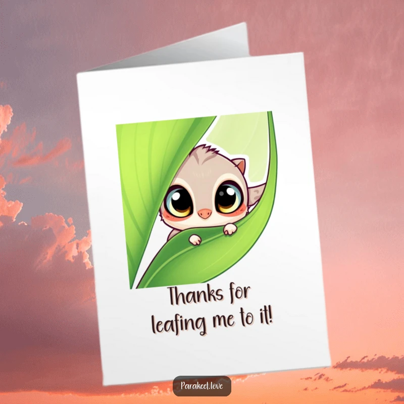Funny Free Printable Thank You Card with a curious creature peeking from a leaf, great for a DIY thank you gift.