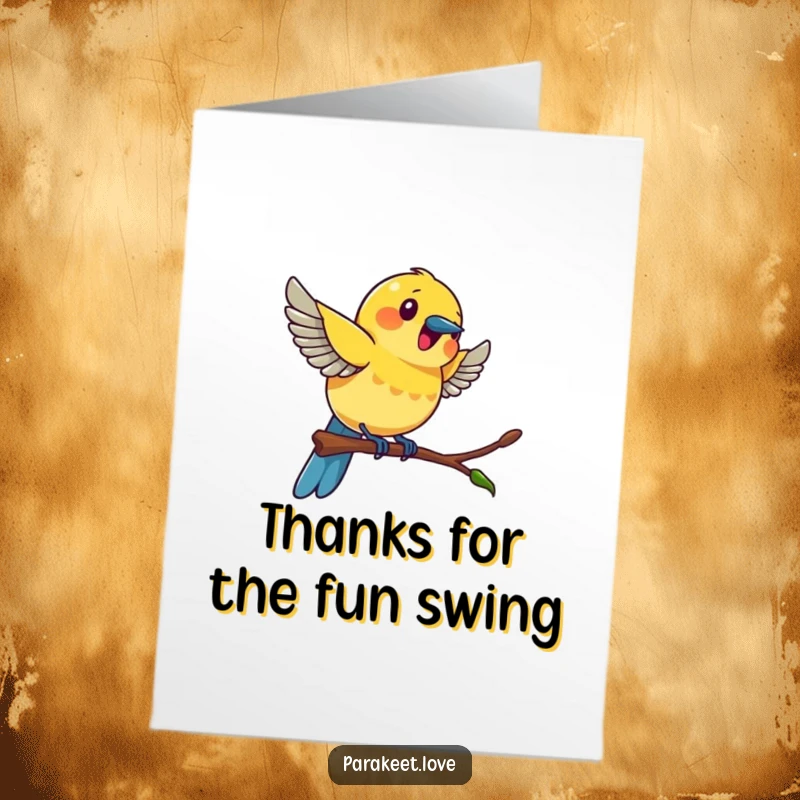 Funny Free Printable Thank You Card: A colorful bird swinging excitedly, conveying thanks with infectious, joyful motion.