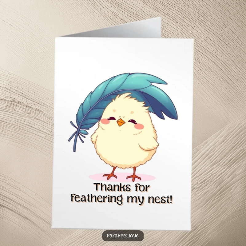 Funny Free Printable Thank You Card with a fluffy bird balancing a colorful feather on its beak, great for a DIY thank you gift.