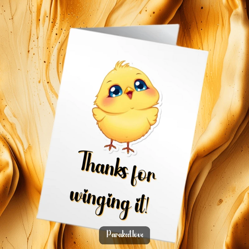 Funny free printable thank you card of a fluffy yellow bird with big blue eyes bobbing its head.