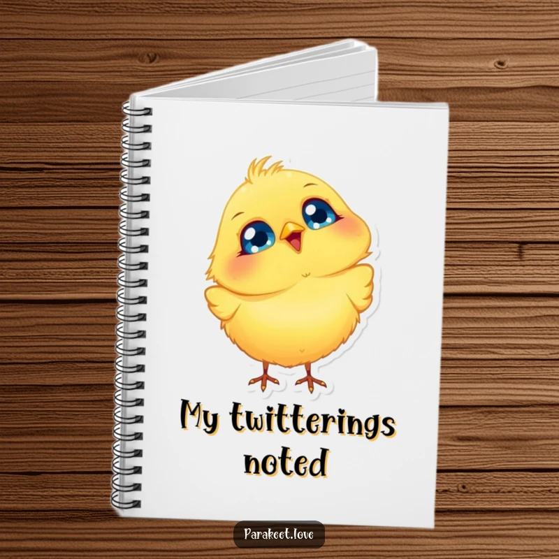Funny Bird Notebook with a fluffy yellow bird with big blue eyes, joyfully bobbing its head, perfect for journaling and cheerful humor.