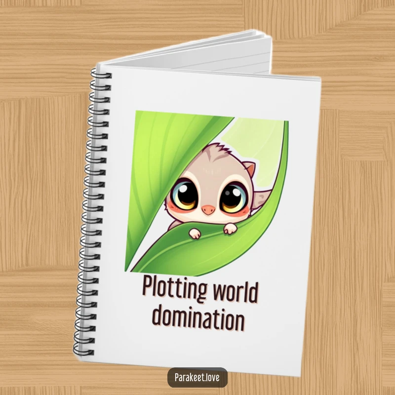 Funny notebook with a small, wide-eyed winged creature peeking from a green leaf. Perfect for journaling and creative notes.