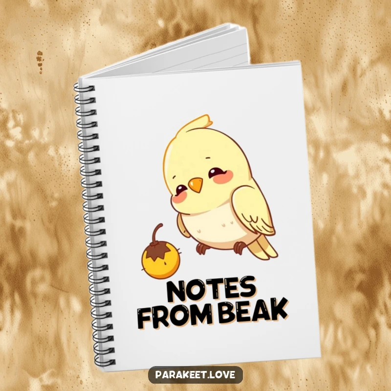 Funny budgie notebook featuring a cheerful bird pecking intently at a seed, designed for focused note-taking with a humorous touch.